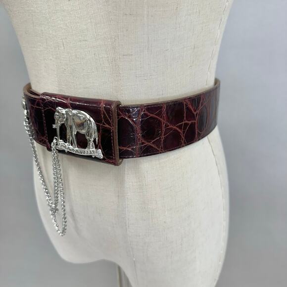 Catherine Carson burgundy leather strap belt silver elephant & drop chain‎ small - Picture 16 of 16